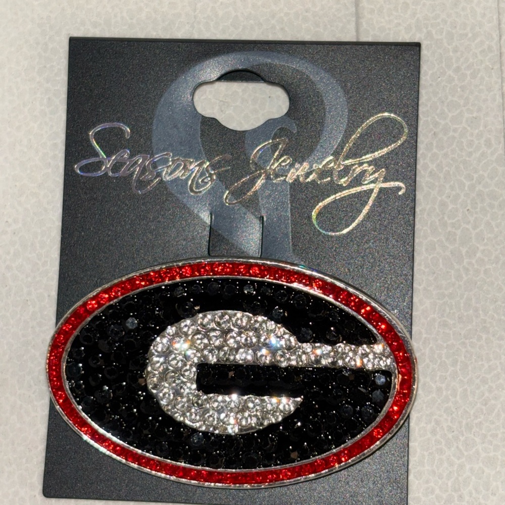 Black and Red Oval Brooch with Silver Accents